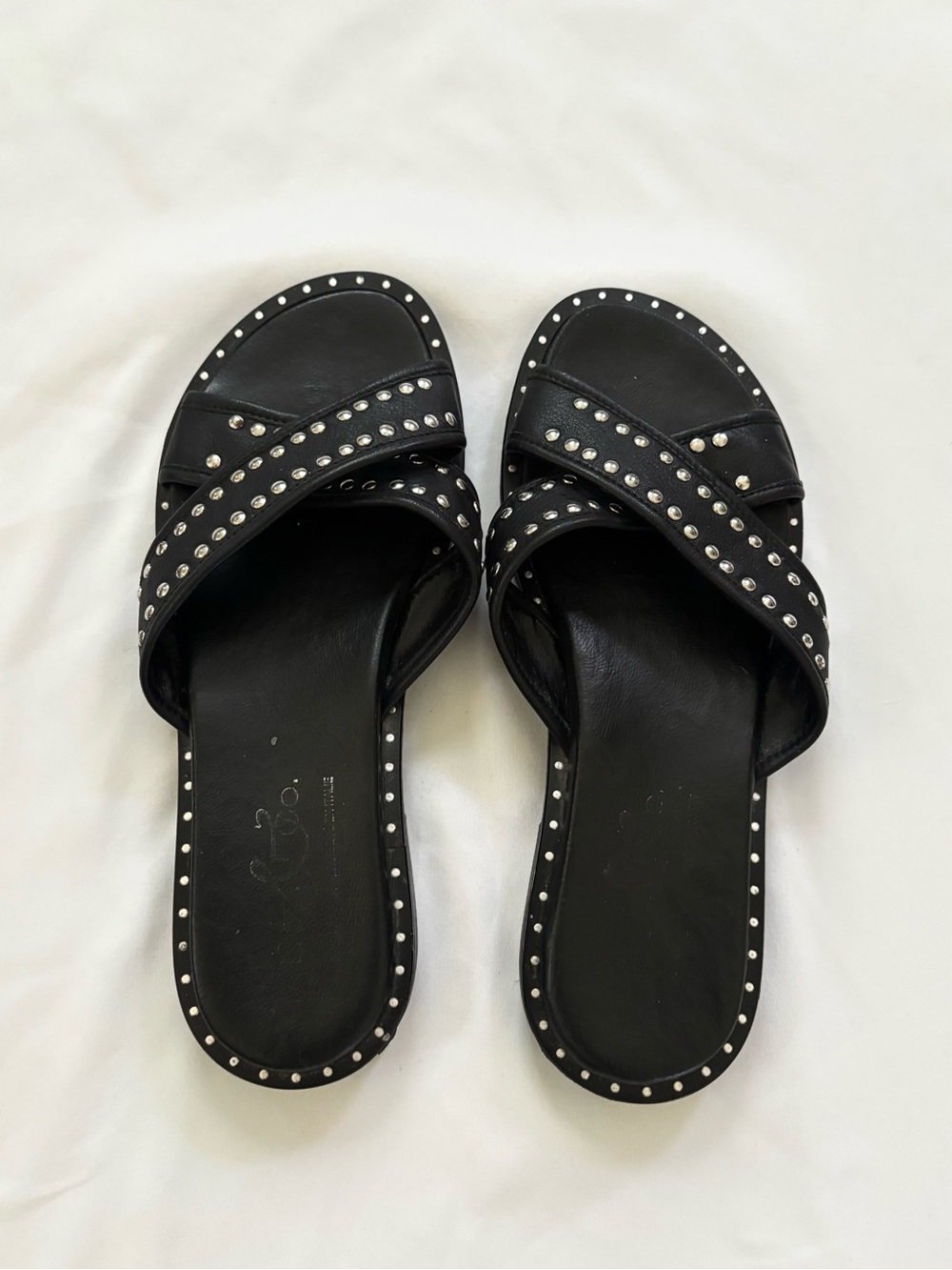 Black leather Studded Crisscross Slide Sandals - Women